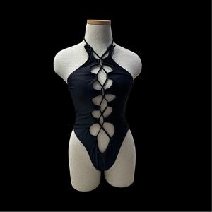Sleek Black Halter Cutout One-Piece Swimsuit